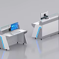 Modern Tech Inspired White Office Desk With Blue Accents And Display Monitor