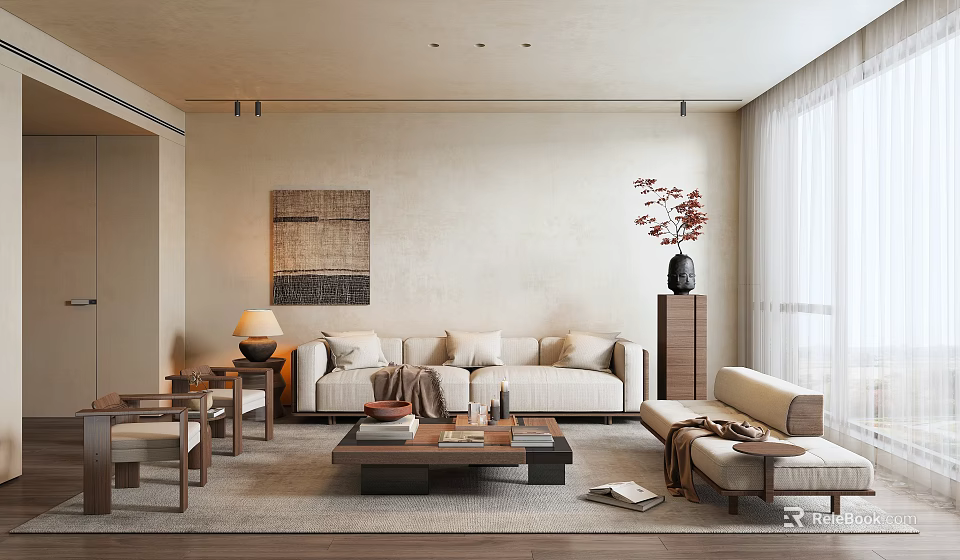 Warm Neutral Living Room Interior With Beige Sofa Coffee Table Area Rug And Woven Wall Art 3d model 