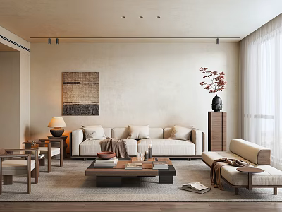 Warm Neutral Living Room Interior With Beige Sofa Coffee Table Area Rug And Woven Wall Art 3d model