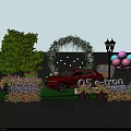 Red 05 e-tron Car Display with Flower Arch Green Grass Trees Balloons and Street Lamp
