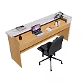 Modern Reception Desk With Marble Countertop Wooden Frame Black Chair Small Plant And Logo