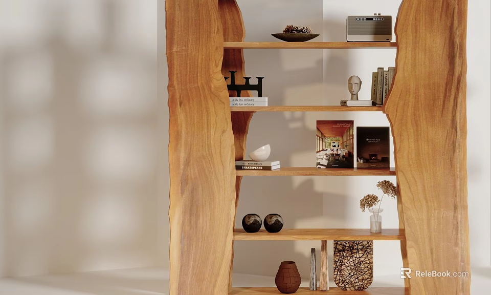 Wooden Display Cabinet With Open Shelves Holding Decorative Items Books And Ornaments 3d model 