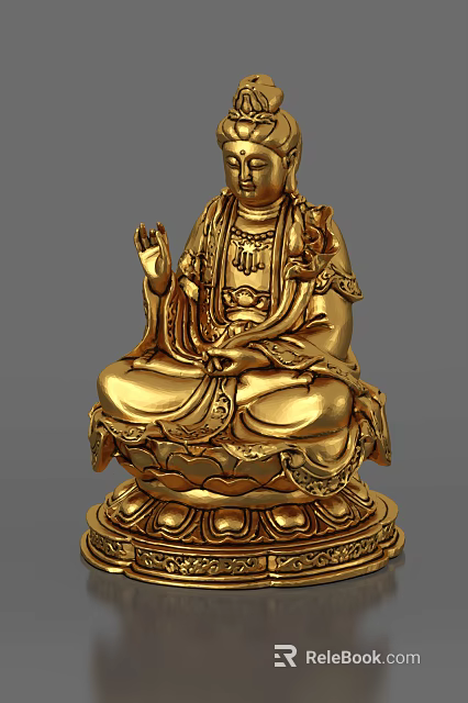 Gold Seated Buddha Sculpture Carving With Intricate Robe And Lotus Base 3d model 