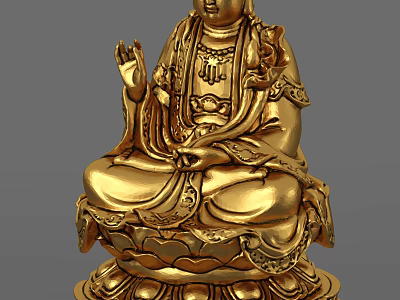Gold Seated Buddha Sculpture Carving With Intricate Robe And Lotus Base 3d model