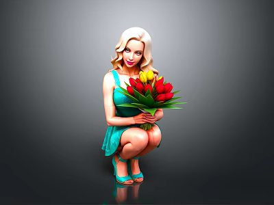 Blonde Woman In Green Dress Squatting With Red Yellow Tulips Bouquet On Gray Background 3d model