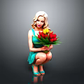 Blonde Woman In Green Dress Squatting With Red Yellow Tulips Bouquet On Gray Background