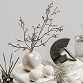 Decorative Ornament Set With Ceramic Bowls White Vases Stacked Books And Green Apples