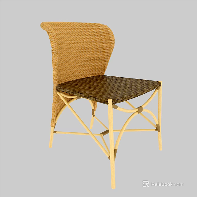 Light Brown Rattan Back Dining Chair With Dark Checkered Seat And Crossed Legs 3d model 