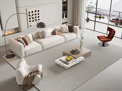 Modern White Sofa With Cushions And Wooden Coffee Table Set In Living Room Interior 3d model