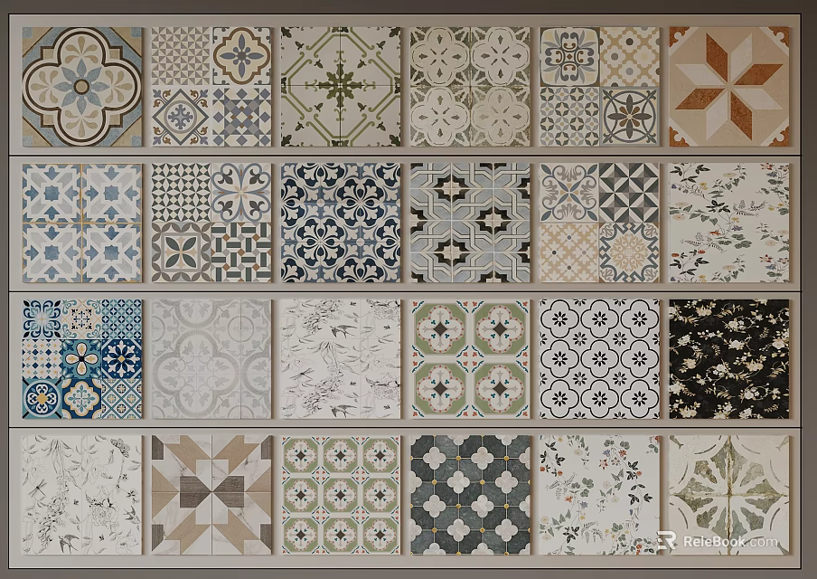 Ceramic Tiles Wall Display With Various Patterns And Colorful Designs 3d model