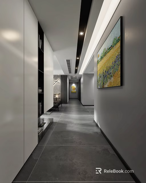 Modern Dining and Living Room Interior with Open Layout Decorative Paintings and Lighting 3d model 