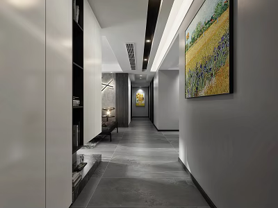 Modern Dining and Living Room Interior with Open Layout Decorative Paintings and Lighting 3d model