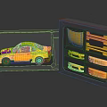 Yellow Car Model in Open Box with Compartments Holding Various Car Parts