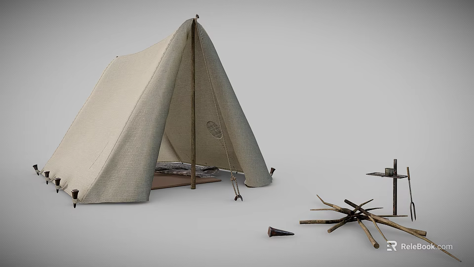 Canvas Camping Tent With Interior Bed Furniture And Wooden Poles Setup 3d model 