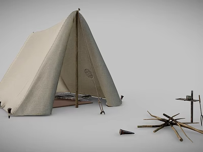 Canvas Camping Tent With Interior Bed Furniture And Wooden Poles Setup 3d model