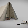 Canvas Camping Tent With Interior Bed Furniture And Wooden Poles Setup
