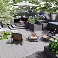 Lush Courtyard Garden Design With Umbrella Seating Area Fire Pit Water Feature And Stone Paving