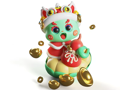 Cartoon Lion Dance Character In Window Display Decoration With Green Face Red Decorations Gold Ingots 3d model