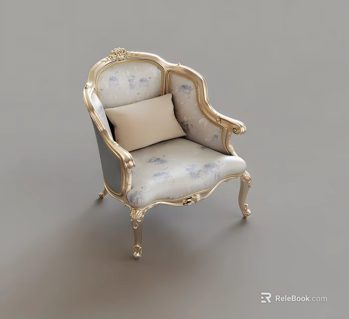 Elegant Vintage Accent Chair With Gold Carved Details And Floral Fabric Cushion 3d model 