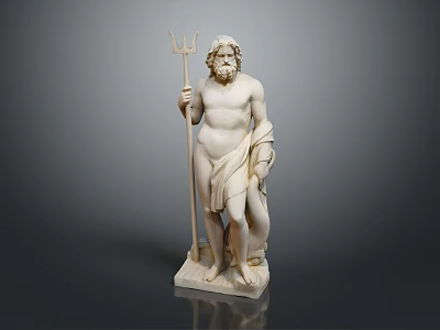 Full Length Bearded Male Marble Sculpture Holding Trident Standing On Pedestal 3d model