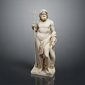 Full Length Bearded Male Marble Sculpture Holding Trident Standing On Pedestal