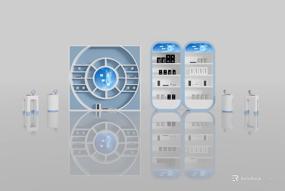 Futuristic Tech Equipment With Circular Structure Digital Screen And White Blue Shelves 3d model 
