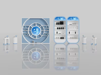 Futuristic Tech Equipment With Circular Structure Digital Screen And White Blue Shelves 3d model