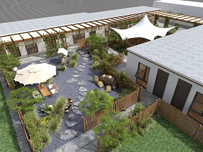 Modern Courtyard Garden Landscape Design With Natural Stepping Stone Path And Comfortable Outdoor Leisure Areas 3d model