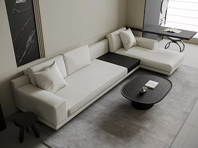 Contemporary White Sofa With Cushions And Black Oval Coffee Table In Modern Living Room Interior 3d model