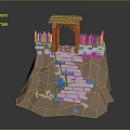 Low Poly Gateway Scene With Red Roof Fence Stone Steps Earthen Slope And Dry Grass