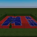 Outdoor Basketball Court with Green Fence Red Blue Surface Basketball Hoops and Lighting Poles