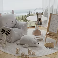 Adorable Animal Dolls In Kids Playroom With Cat Chair Bear Toy Drawing Easel And Blocks