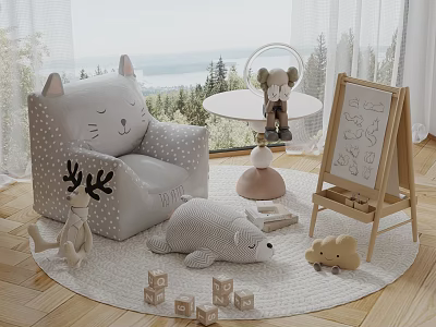Adorable Animal Dolls In Kids Playroom With Cat Chair Bear Toy Drawing Easel And Blocks 3d model