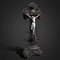 Decorative Ornament Set With Cross Crucifix Figure And Intricate Carved Base