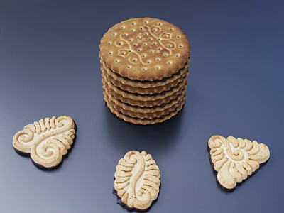 Golden Stack of Round Cookies with Decorative Patterns and Assorted Shapes on Dark Background 3d model