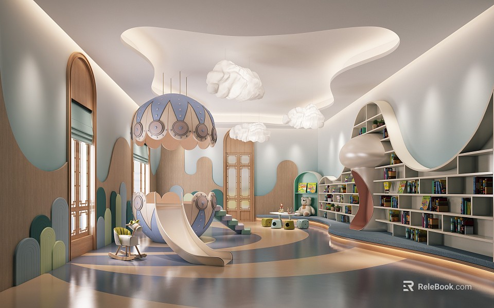 Bright Kindergarten Interior With Slide Bookshelves Cloud Decor And Curved Design 3d model 