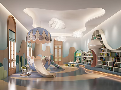 Bright Kindergarten Interior With Slide Bookshelves Cloud Decor And Curved Design 3d model
