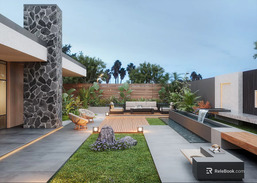 Modern Courtyard Garden With Stone Wall Outdoor Furniture Lawn And Water Feature 3d model 