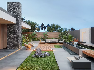 Modern Courtyard Garden With Stone Wall Outdoor Furniture Lawn And Water Feature 3d model