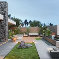 Modern Courtyard Garden With Stone Wall Outdoor Furniture Lawn And Water Feature