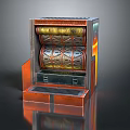 Vintage Retro Slot Machine With Orange Metallic Design And Rotating Reels