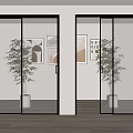 Glass Folding Doors With Black Frame In Modern Interior Space With Potted Plants And Artworks