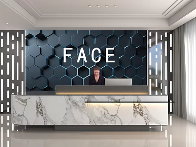 Modern Store Front Desk With Hexagonal Pattern FACE Logo And Marble Countertop 3d model