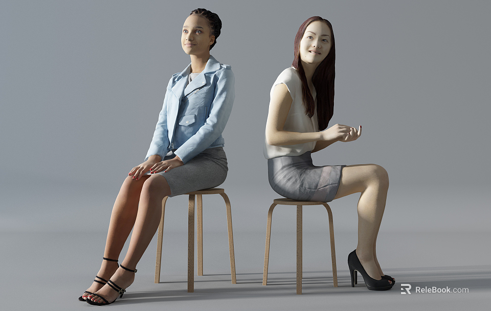 Two Women Sitting On Stools In Professional Wear Against Gray Background 3d model 