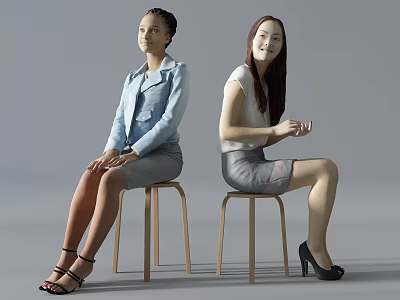 Two Women Sitting On Stools In Professional Wear Against Gray Background 3d model Two Women Sitting On Stools In Professional Wear Against Gray Background 3d model