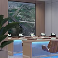 Modern Lobby Interior With Wooden Reception Desks Seating Large Screen Blue Lighting And Plants