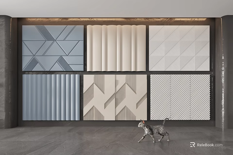 Modern Wall Panels with Various Textured Designs Geometric Patterns and Striped Styles in Interior 3d model