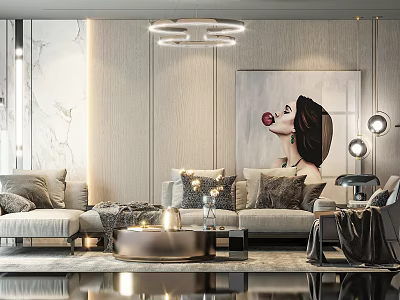 Modern Elegant Living Room Sofa And Coffee Table Set With Decorative Pillows And Chandelier 3d model