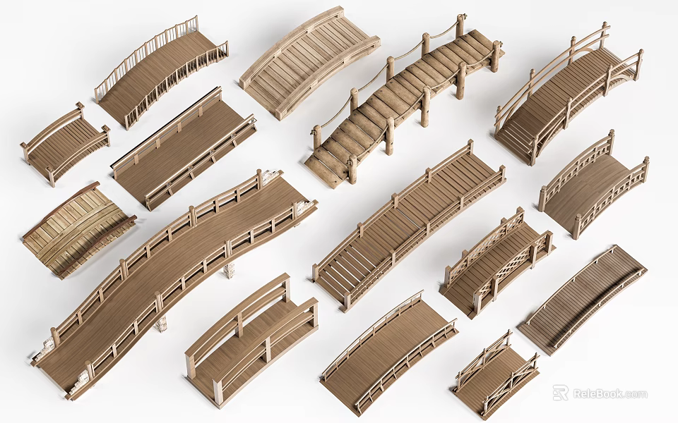 Various Wooden Landscape Bridges With Different Arch And Straight Designs For Garden 3d model 