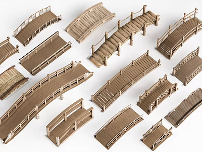 Various Wooden Landscape Bridges With Different Arch And Straight Designs For Garden 3d model